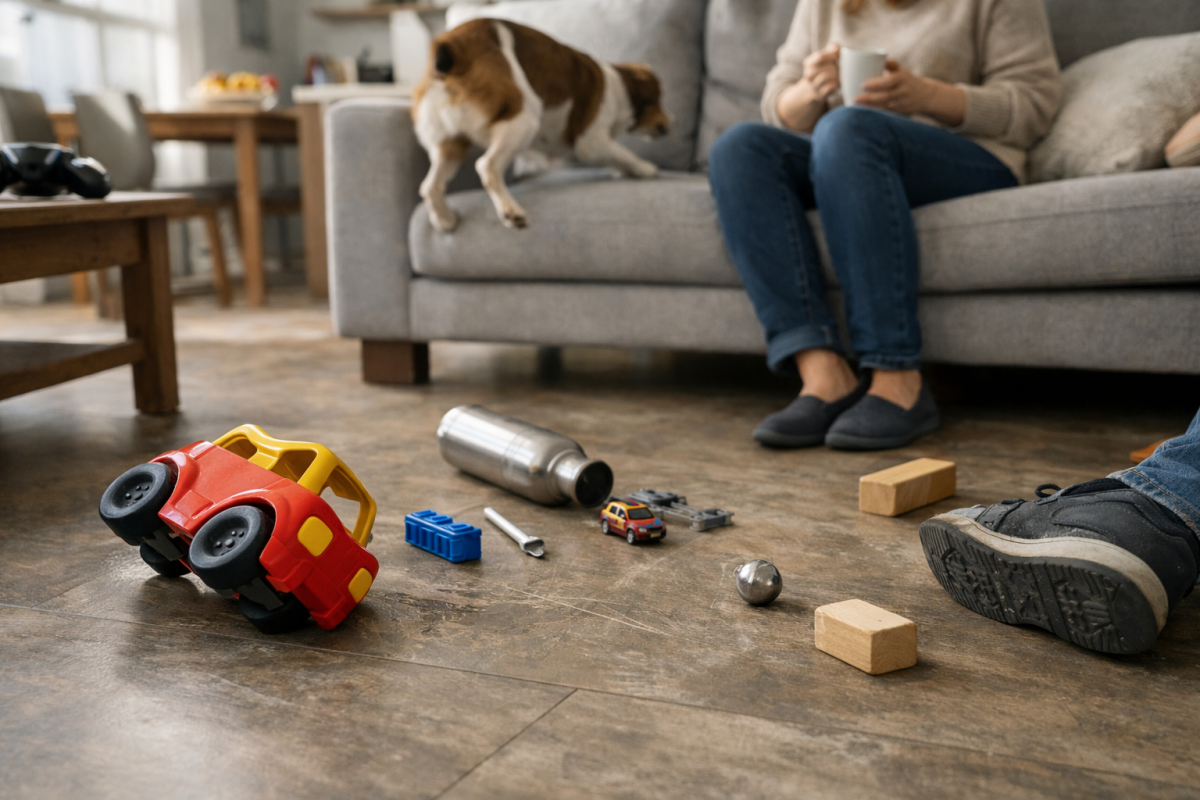 Chien sur canapé, personne assise et jouets renversés
