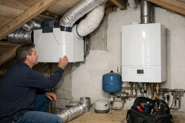 Technicien réglant une VMC à côté d'une chaudière
