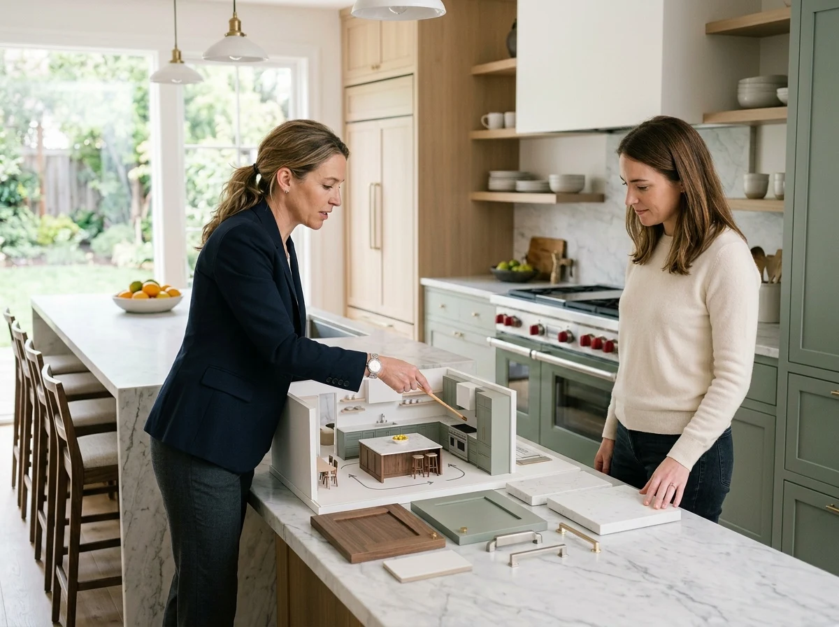 Architecte d’intérieur présentant une maquette de cuisine et des matériaux à une cliente dans une cuisine élégante conçue pour optimiser l’espace et la circulation.