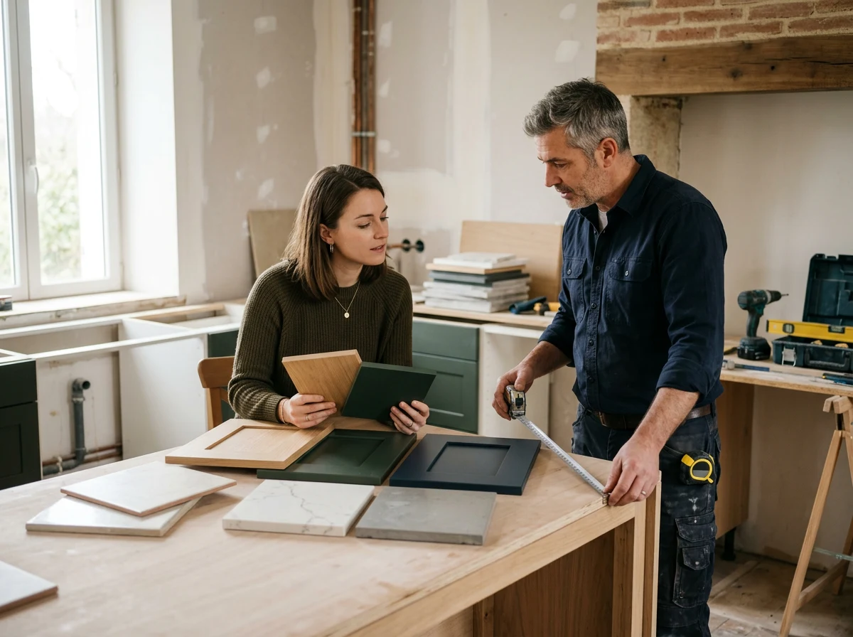 Propriétaire et professionnel comparant des échantillons de matériaux et prenant des mesures dans une cuisine en rénovation pour préparer le budget du projet.