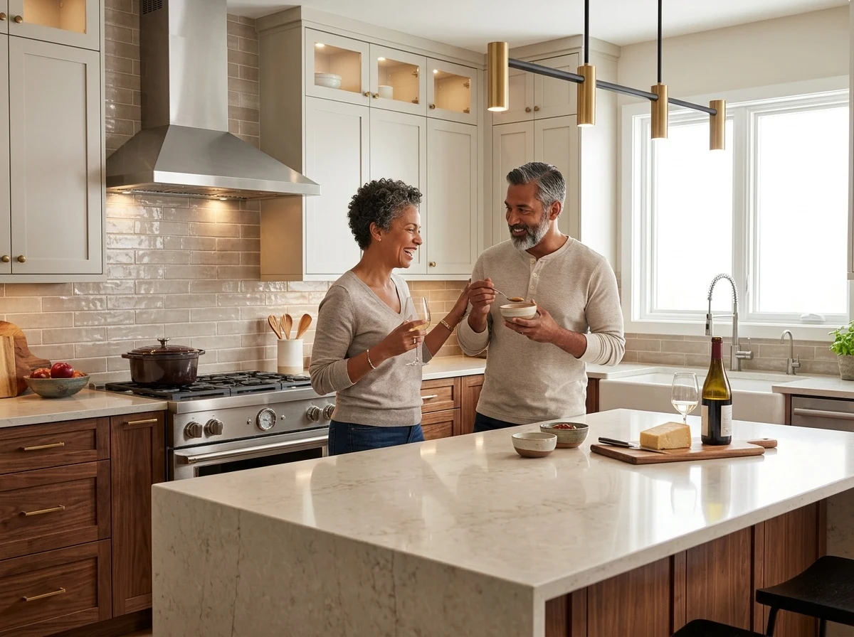 Couple cuisinant dans une cuisine bien aménagée