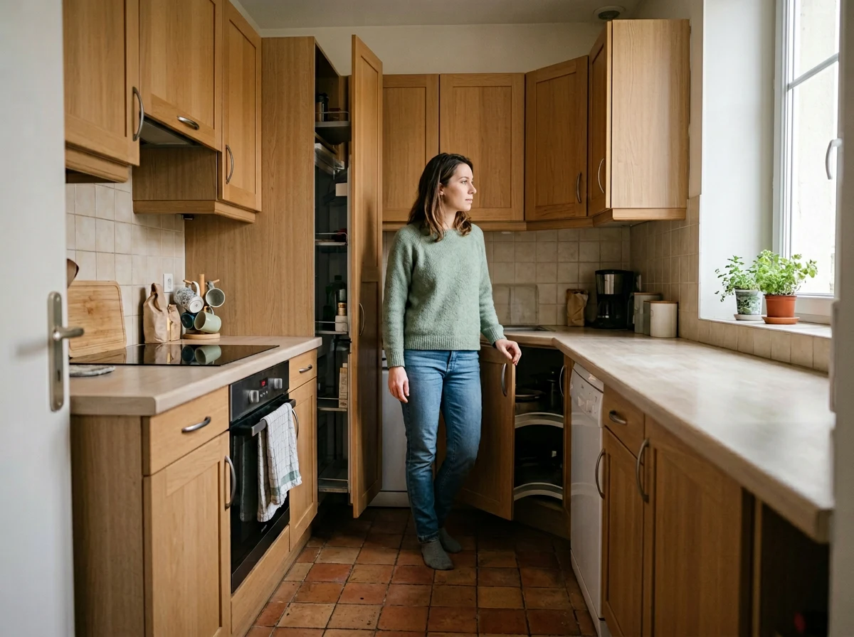 Femme observant une cuisine compacte et fonctionnelle dans un logement ordinaire, avec aménagement optimisé et circulation fluide.