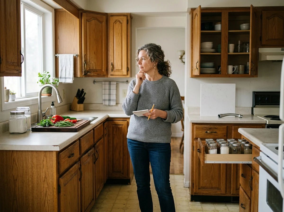 Propriétaire réfléchissant dans une cuisine vieillissante, symbole d’un projet de rénovation motivé par le besoin de moderniser et d’améliorer l’usage.