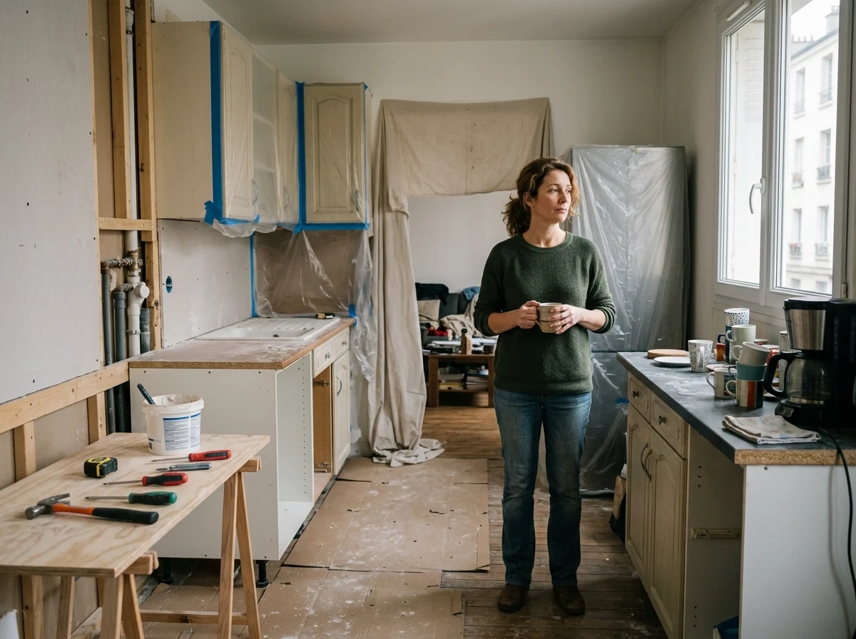 Habitante dans une cuisine partiellement rénovée, avec travaux en cours discrets et gêne temporaire du quotidien, illustrant le temps nécessaire au chantier.