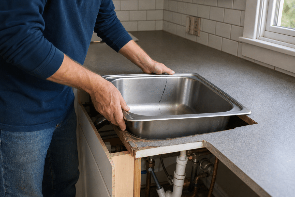 Personne installant un évier inox dans un plan de travail