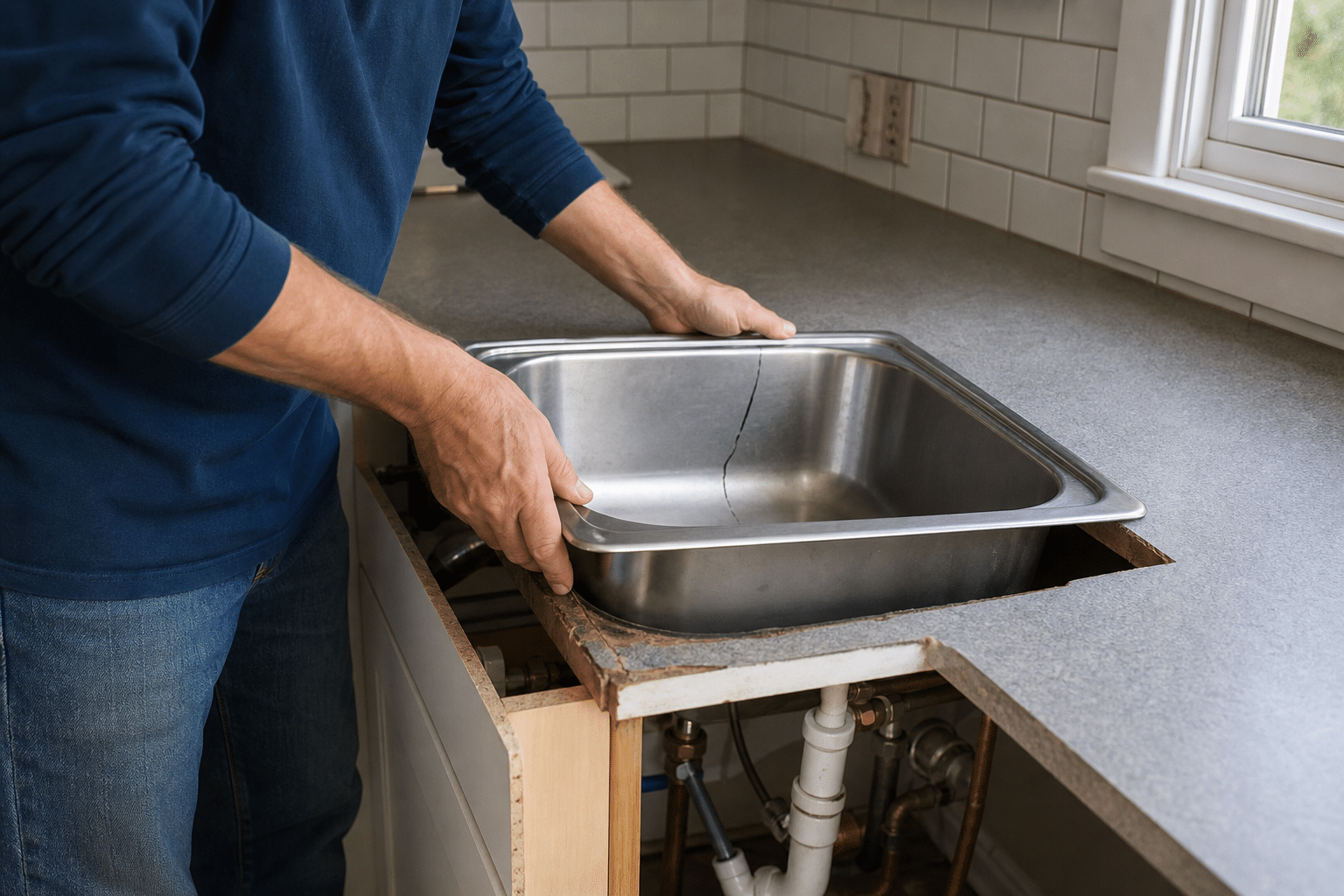 Personne installant un évier inox dans un plan de travail