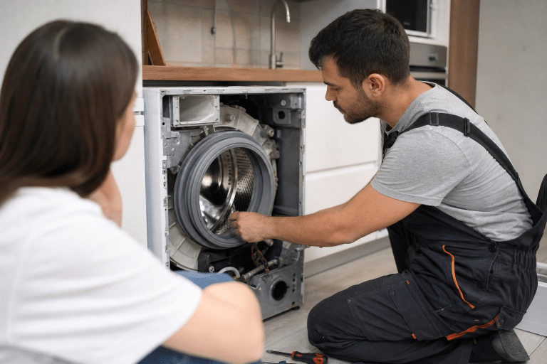 Homme en combinaison réparant un lave-linge frontal