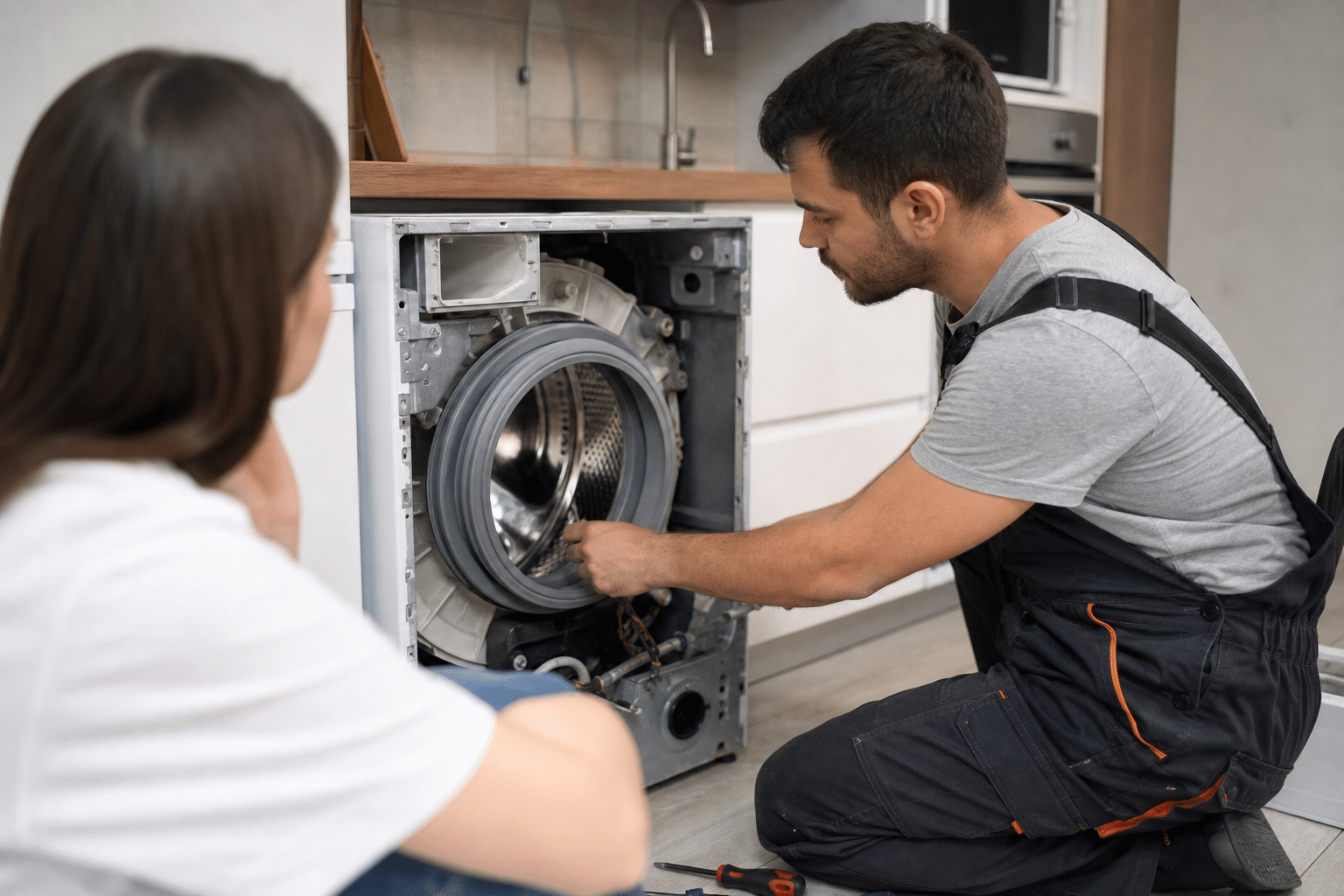 Homme en combinaison réparant un lave-linge frontal