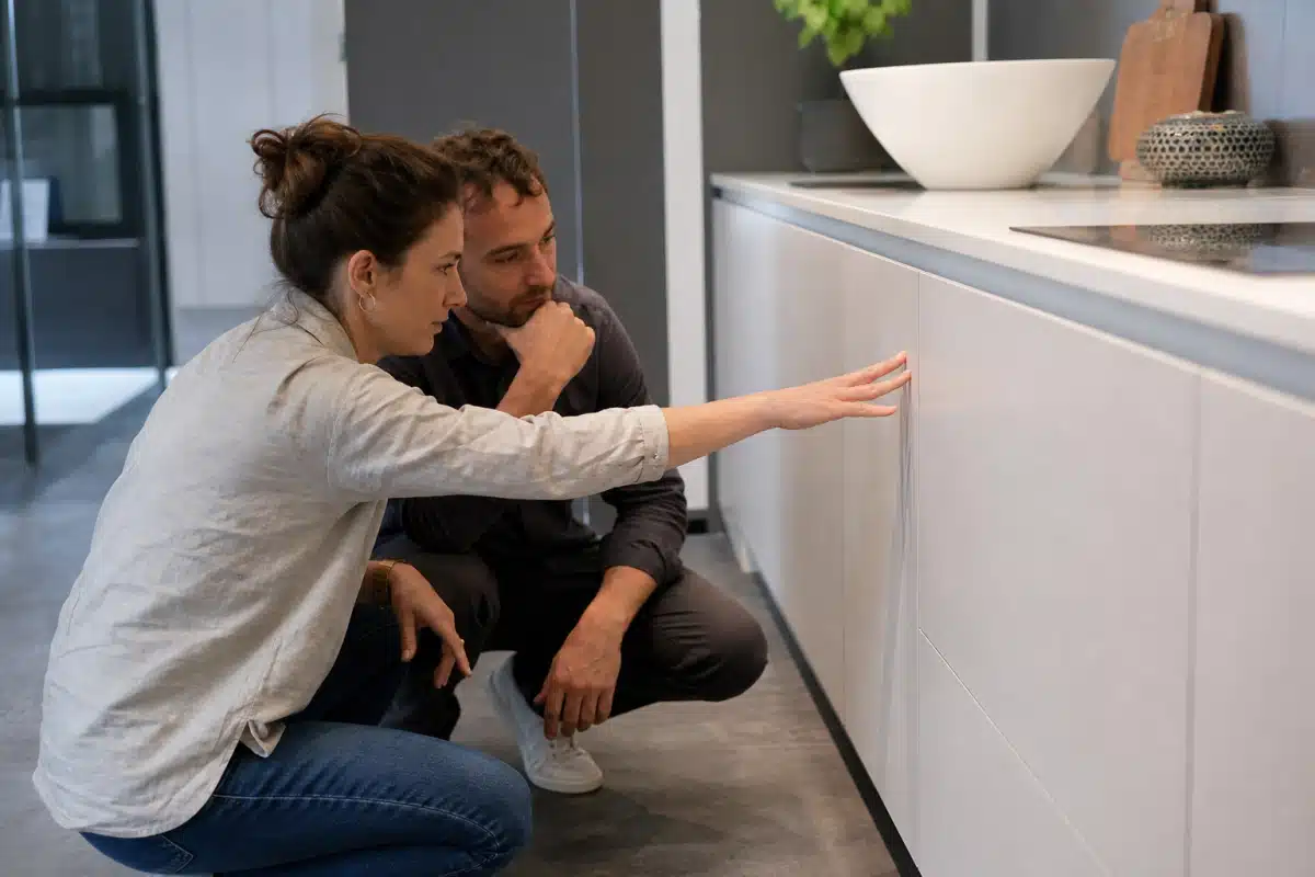 Couple examinant une façade de cuisine moderne
